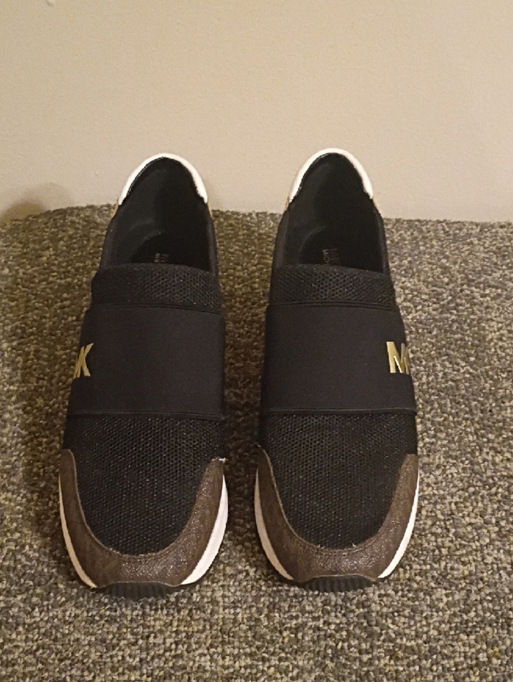 Michael Kors Felix Black Slip-On Sneakers with Gold Accent Wedge Heel Size 9.5 - Picture 2 of 11